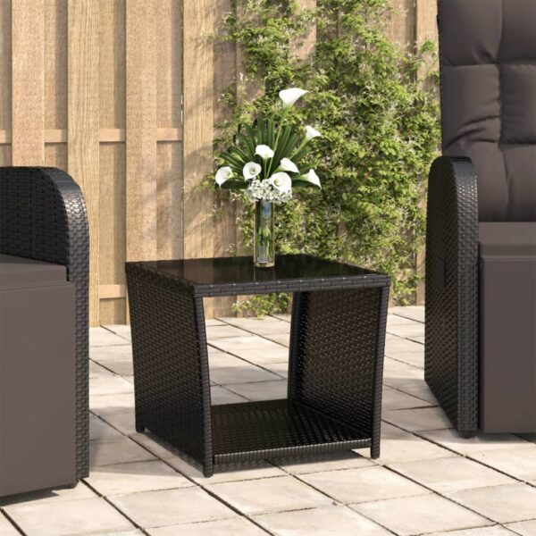 HomeDiscount-Tea Table with Glass Top Black Poly Rattan&Tempered Glass