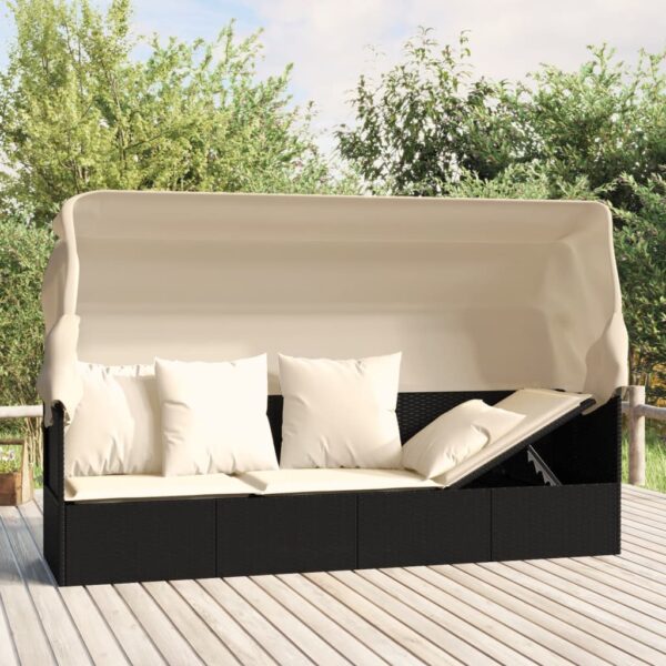 HomeDiscount-Outdoor Lounge Bed with Roof and Cushions Black Poly Rattan