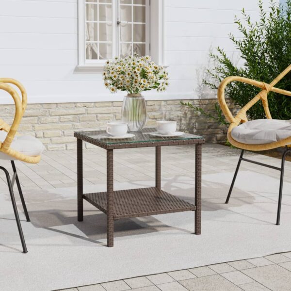 HomeDiscount-Side Table Brown 45x45x45 cm Poly Rattan and Tempered Glass