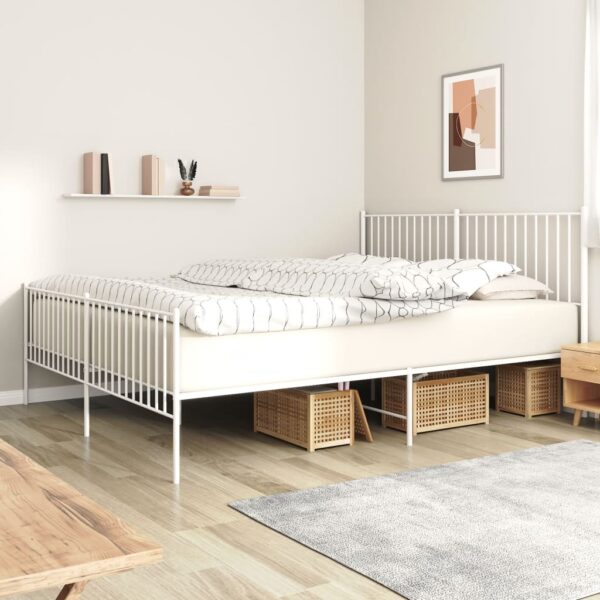 HomeDiscount-Metal Bed Frame without Mattress with Footboard White 183x203 cm King