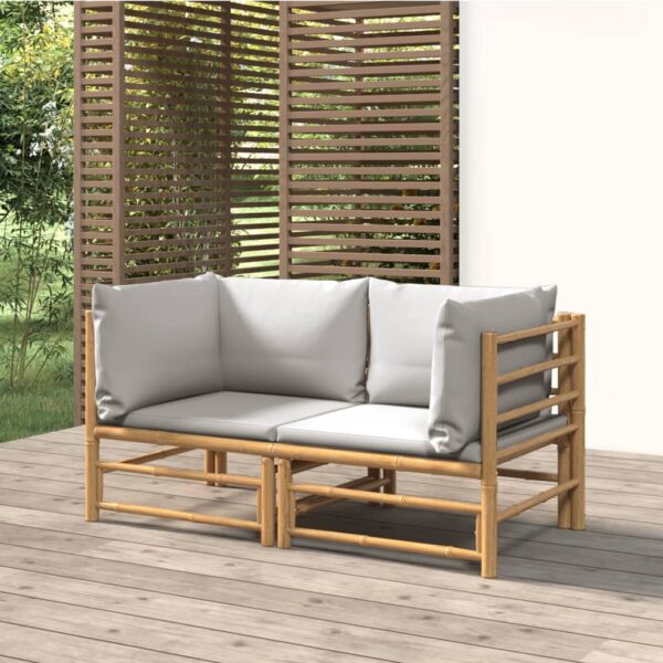 HomeDiscount-Garden Corner Sofas with Light Grey Cushions 2 pcs Bamboo