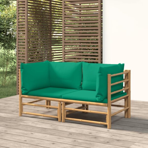 HomeDiscount-Garden Corner Sofas with Green Cushions 2 pcs Bamboo