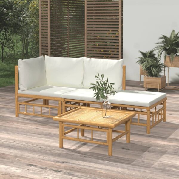 HomeDiscount-4 Piece Garden Lounge Set with Cream White Cushions  Bamboo