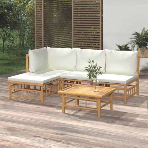 HomeDiscount-5 Piece Garden Lounge Set with Cream White Cushions  Bamboo