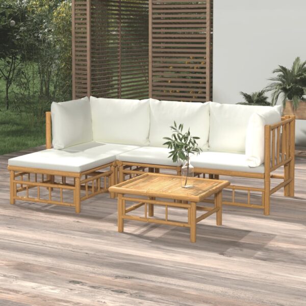 HomeDiscount-5 Piece Garden Lounge Set with Cream White Cushions  Bamboo