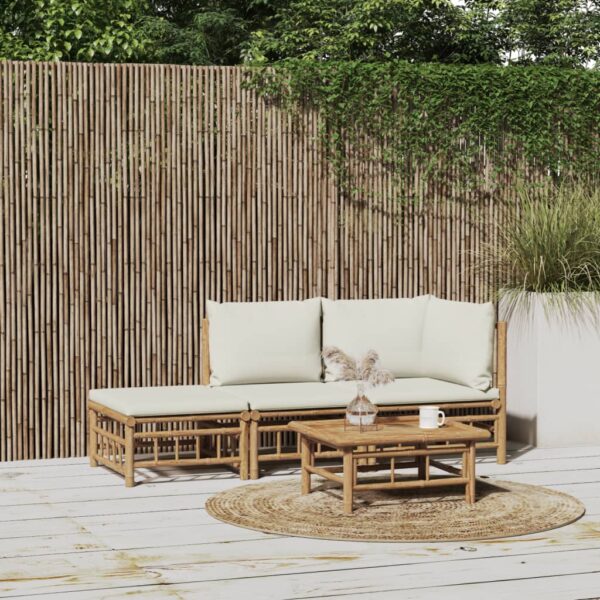 HomeDiscount-3 Piece Garden Lounge Set with Cream White Cushions  Bamboo