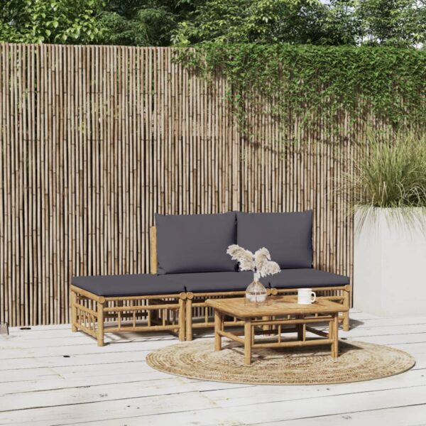 HomeDiscount-4 Piece Garden Lounge Set with Dark Grey Cushions  Bamboo