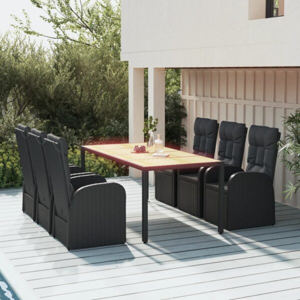 HomeDiscount-7 Piece Garden Dining Set with Cushions Black Poly Rattan