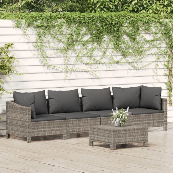 HomeDiscount-5 Piece Garden Lounge Set with Cushions Grey Poly Rattan