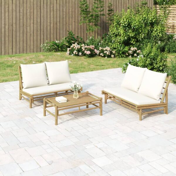 HomeDiscount-Garden Bench with Cream White Cushions Bamboo