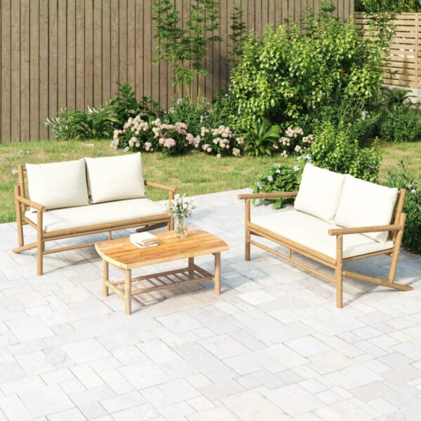 HomeDiscount-Garden Bench with Cream White Cushions Bamboo