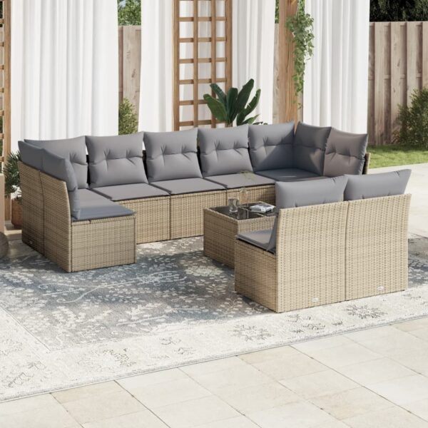 HomeDiscount-10 Piece Garden Sofa Set with Cushions Beige Poly Rattan