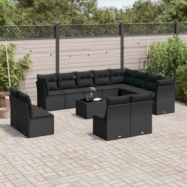 HomeDiscount-13 Piece Garden Sofa Set with Cushions Black Poly Rattan