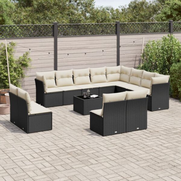 HomeDiscount-13 Piece Garden Sofa Set with Cushions Black Poly Rattan