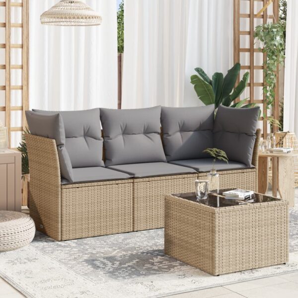 HomeDiscount-4 Piece Garden Sofa Set with Cushions Beige Poly Rattan