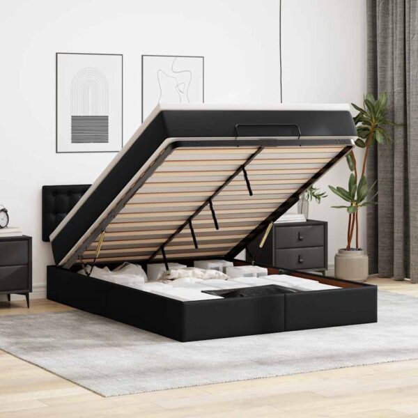 HomeDiscount-Ottoman Bed with Mattress Black Queen Faux Leather