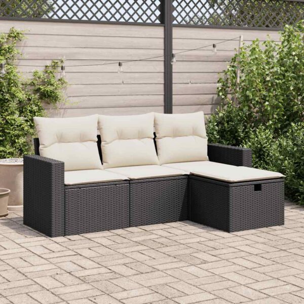 HomeDiscount-4 Piece Garden Sofa Set with Cushions Black Poly Rattan