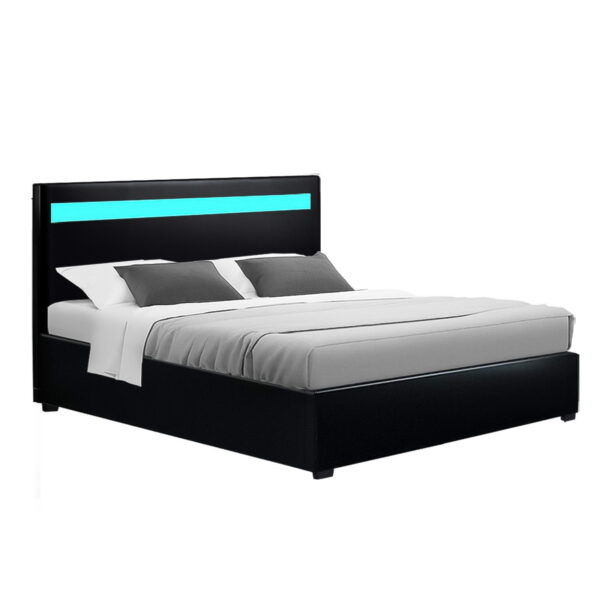 HomeDiscount-Bed Frame Double Size LED Gas Lift Black COLE