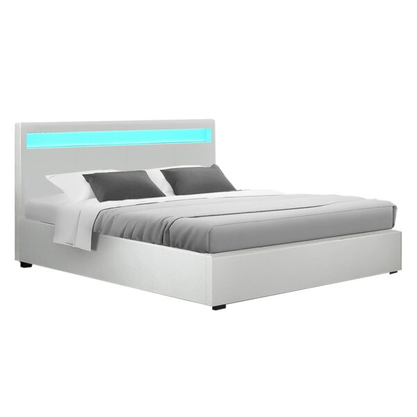 HomeDiscount-Bed Frame Queen Size LED Gas Lift White COLE