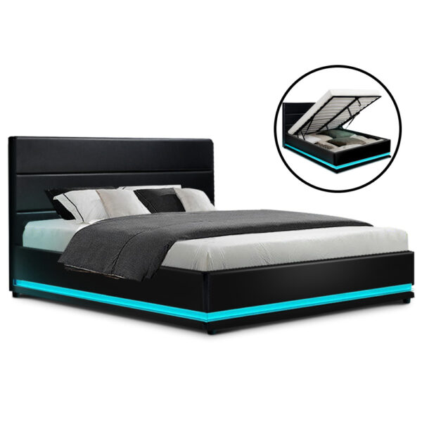 HomeDiscount-Bed Frame Double Size LED Gas Lift Black LUMI