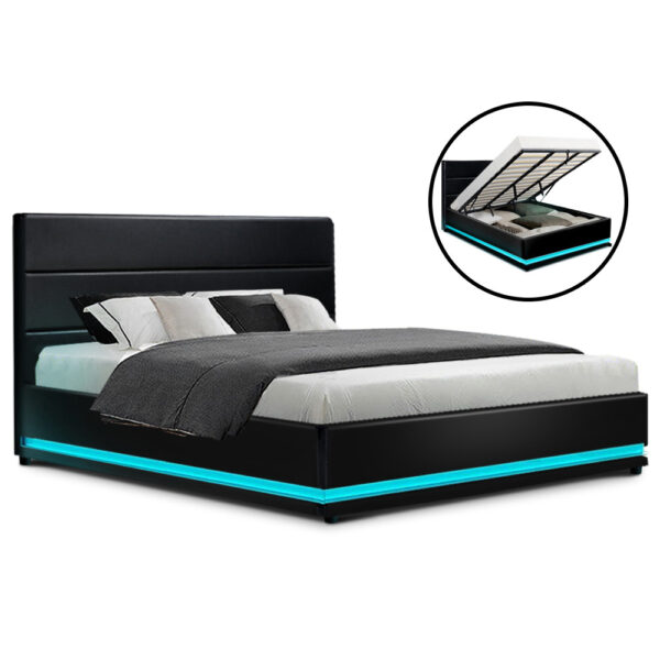 HomeDiscount-Bed Frame King Size LED Gas Lift Black LUMI