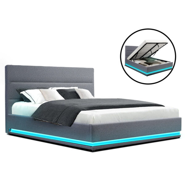 HomeDiscount-Bed Frame Queen Size LED Gas Lift Grey LUMI