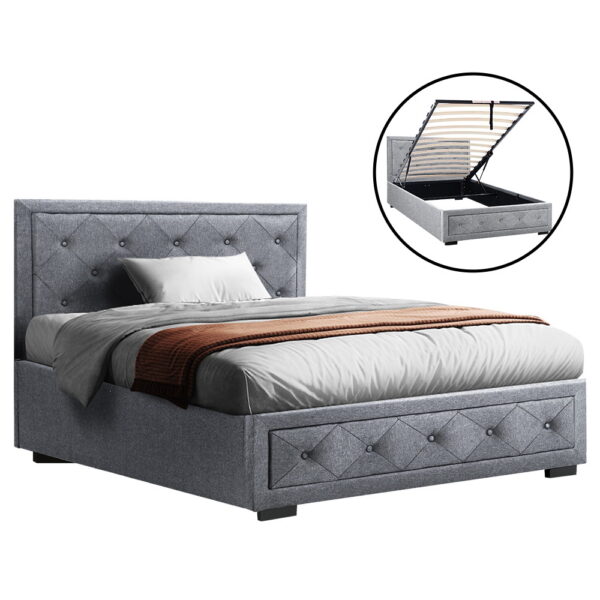 HomeDiscount-Bed Frame King Single Size Gas Lift Storage Mattress Base Wooden Grey