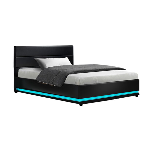 HomeDiscount-Bed Frame King Single Size LED Gas Lift Black LUMI