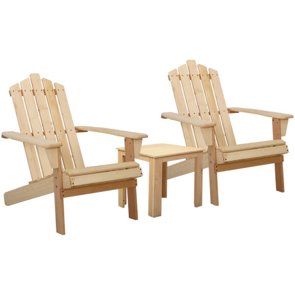 HomeDiscount-3PC Adirondack Outdoor Table and Chairs Wooden Beach Chair Natural