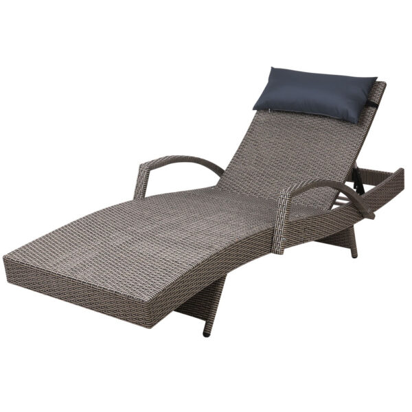 HomeDiscount-Sun Lounge Wicker Lounger Outdoor Furniture Beach Armchair Adjustable Grey&Beig