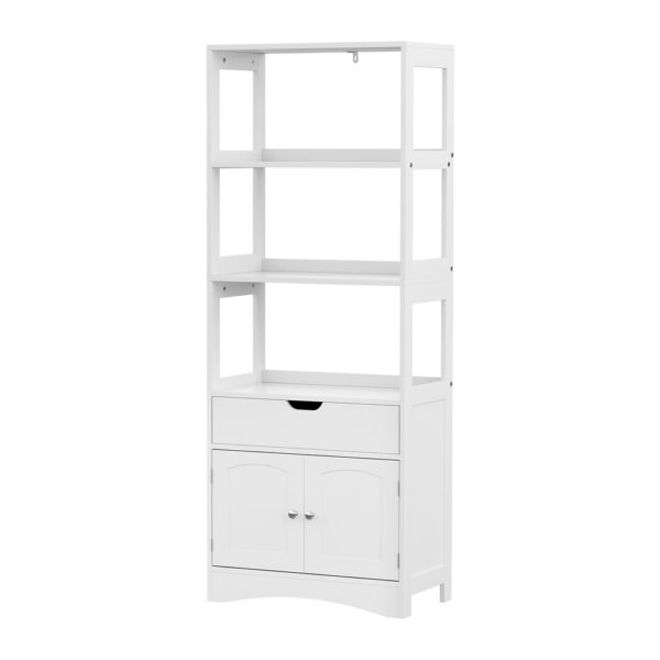 HomeDiscount-Bathroom Floor Storage Cabinet with 2 Drawers 3 Open Shelves 2 Doors White