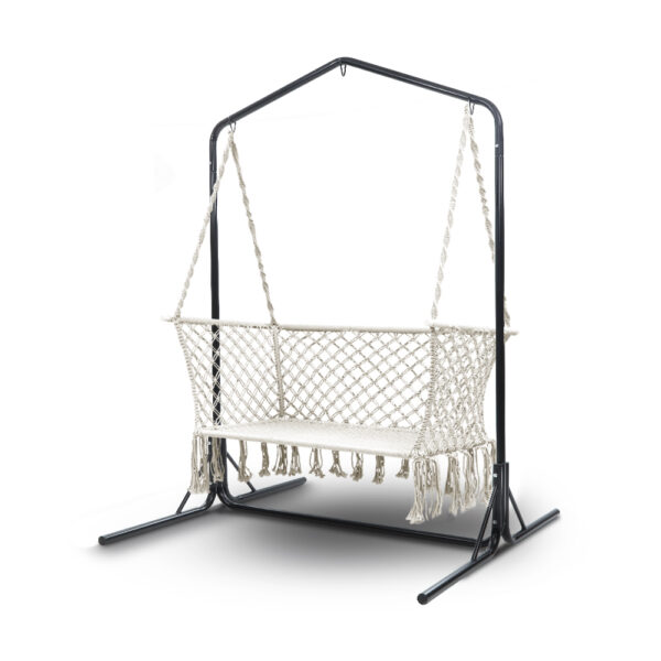 HomeDiscount-Hammock Chair with Stand Macrame Outdoor Garden 2 Seater Cream