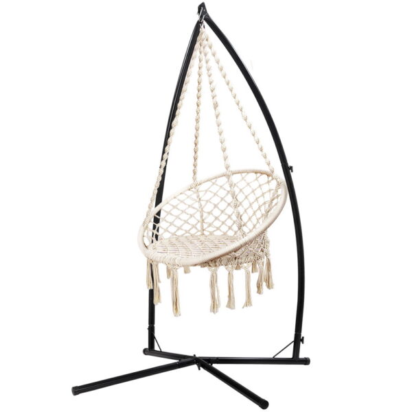 HomeDiscount-Hammock Chair with Steel Stand Macrame Outdoor Swinging Cream