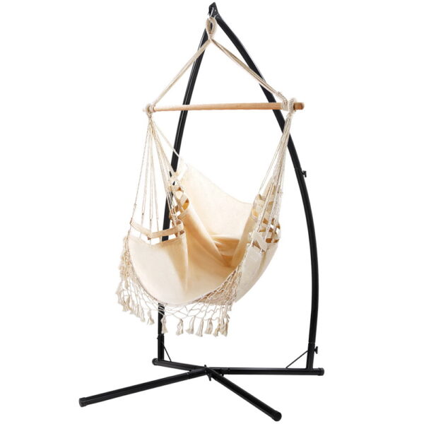 HomeDiscount-Hammock Chair with Steel Stand Hanging Outdoor Tassel Cream