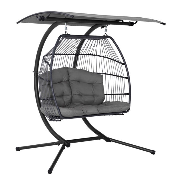 HomeDiscount-Outdoor Egg Swing Chair Wicker Furniture Pod Stand Canopy 2 Seater Grey