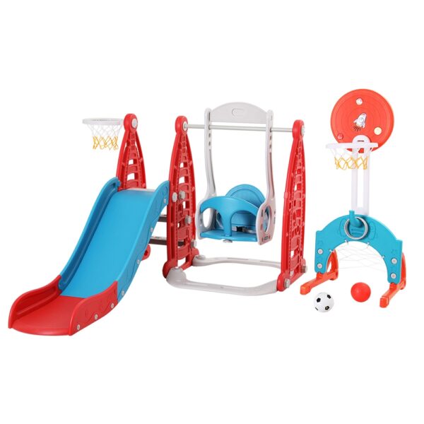 HomeDiscount-Kids Slide Swing Set Basketball Hoop Rings Football Outdoor Toys 140cm Red