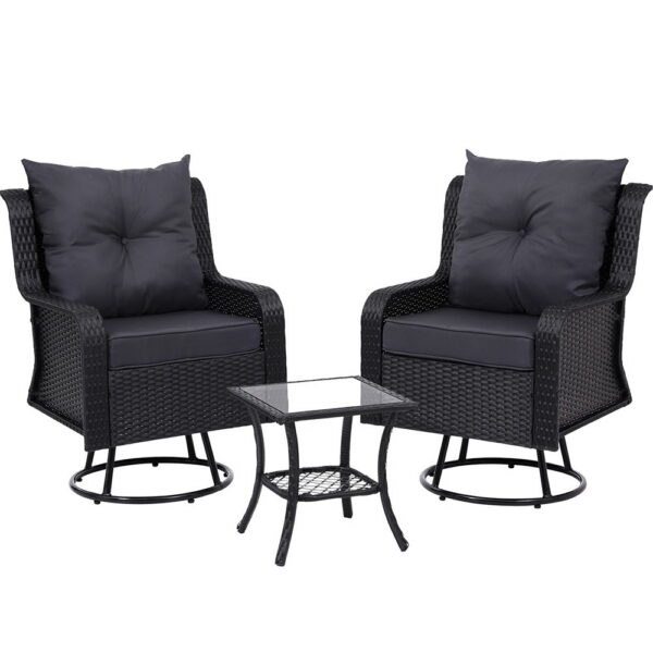 HomeDiscount-3PC Outdoor Furniture Bistro Set Lounge Wicker Swivel Chairs Table Cushion Blac