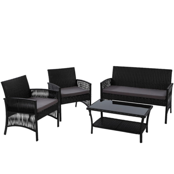 HomeDiscount-4PCS Outdoor Sofa Set Wicker Harp Chair Table Garden Furniture Black