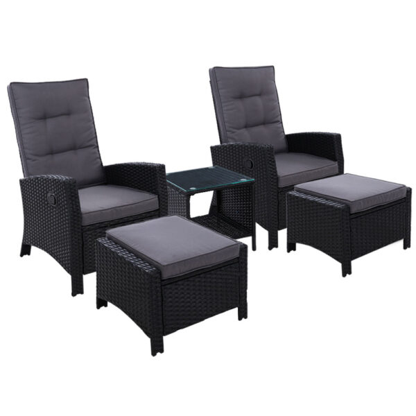 HomeDiscount-5PC Recliner Chairs Table Sun lounge Wicker Outdoor Furniture Adjustable Black