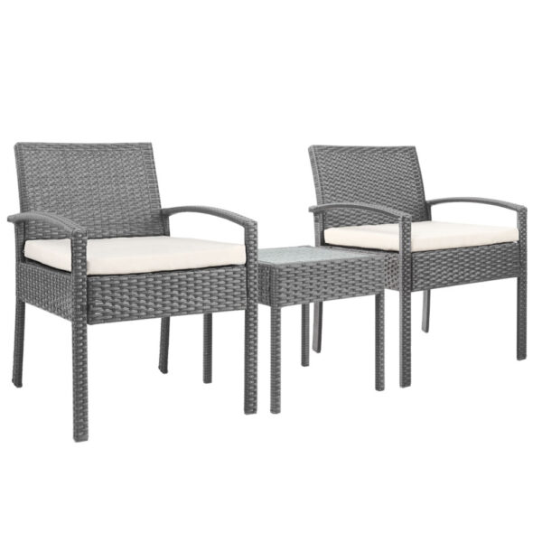 HomeDiscount-3PC Patio Furniture Bistro Set Wicker Outdoor Lounge Setting Grey