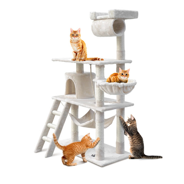 HomeDiscount-Cat Tree 141cm Tower Scratching Post Scratcher Condo Wood House Bed Beige