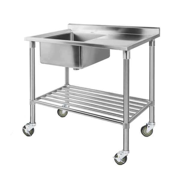 HomeDiscount-Stainless Steel Sink Bench Kitchen Work Benches Bowl Wheels 304