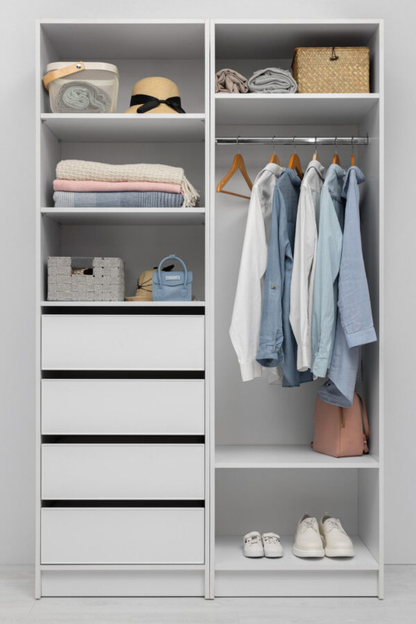 HomeDiscount-MALMO THREE SHELF/FOUR DRAWER WALK IN WARDROBE - SLIM SHAKER - WHITE