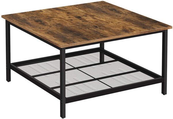 HomeDiscount-Robust Coffee Table Steel Frame and Mesh Storage Shelf   Rustic Brown and Black