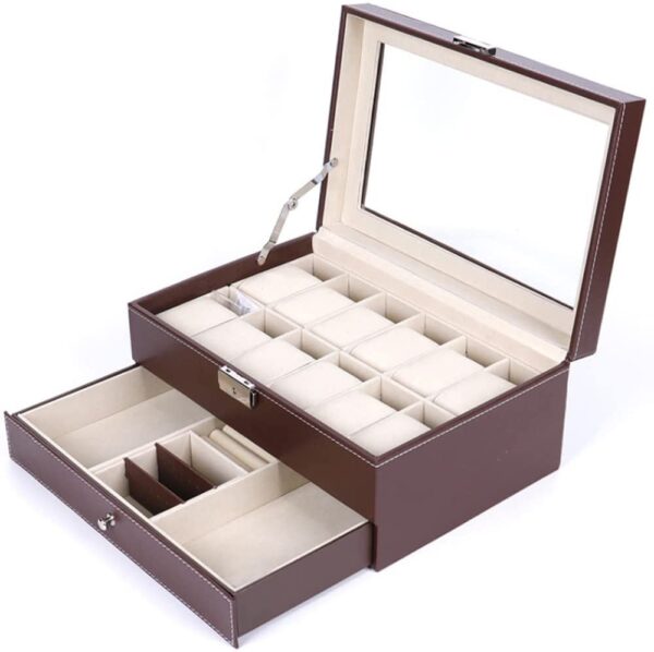 HomeDiscount-12 Slot PU Leather Lockable Watch and Jewelry Storage Boxes (Brown)