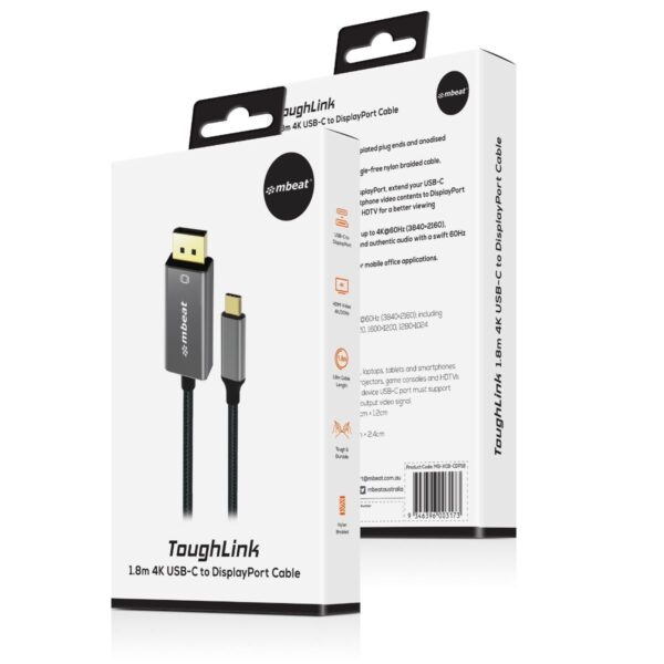 HomeDiscount-Tough Link 1.8m 4K USB-C to Display Port Cable - Space Grey