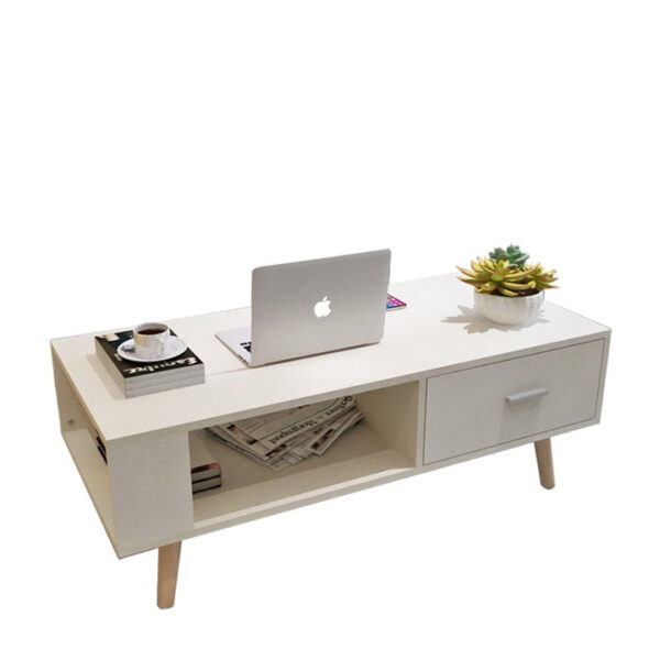 HomeDiscount-White Coffee Table Storage Drawer & Open Shelf With Wooden Legs