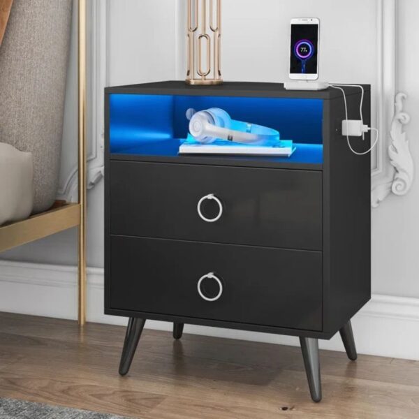 HomeDiscount-Amelia Modern LED Bedside table with USB and power socket Black