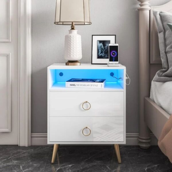 HomeDiscount-Amelia Modern LED Bedside table with USB and power socket White