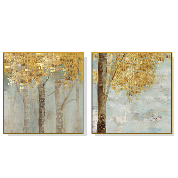 HomeDiscount-Wall Art 70cmx70cm Golden Leaves 2 Sets Gold Frame Canvas